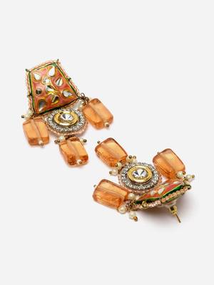 Orange & gold drop earring with kundan &  american diamonds 4