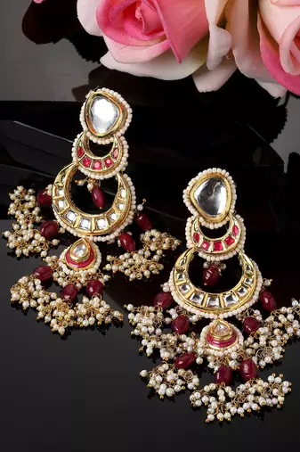 Pink & gold drop earring with kundan &  pearls