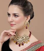 Maroon & yellow drop earring with kundan &  pearls