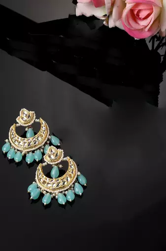 Blue & gold drop earring with kundan &  pearls