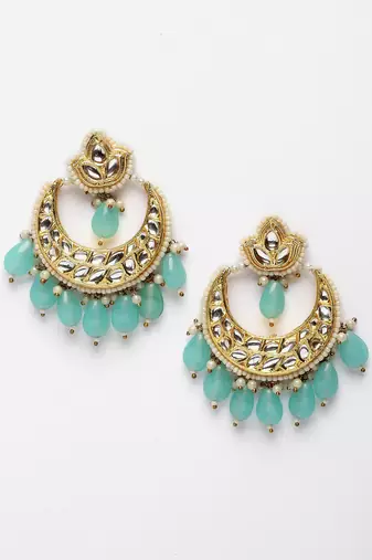 Blue & gold drop earring with kundan &  pearls