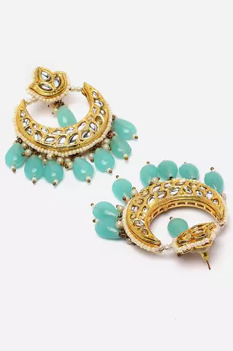 Blue & gold drop earring with kundan &  pearls