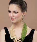 Pink & green drop earring with kundan &  pearls