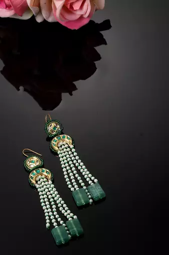 Green & white drop earring with kundan &  pearls