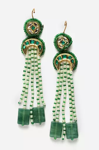 Green & white drop earring with kundan &  pearls