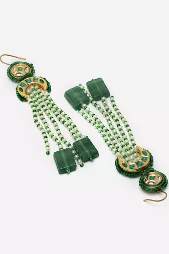 Green & white drop earring with kundan &  pearls