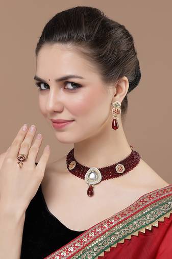 Maroon & red drop earring with kundan &  pearls