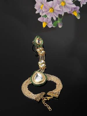 Green & gold adjustable hathphool with pearls &  natural stones 2