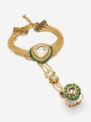 Green & gold adjustable hathphool with pearls &  natural stones 3