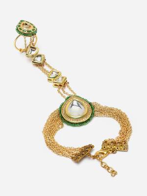 Green & gold adjustable hathphool with pearls &  natural stones 4