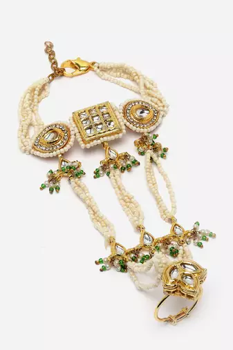 Green & gold adjustable hathphool with kundan &  american diamonds