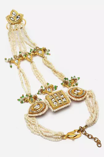 Green & gold adjustable hathphool with kundan &  american diamonds