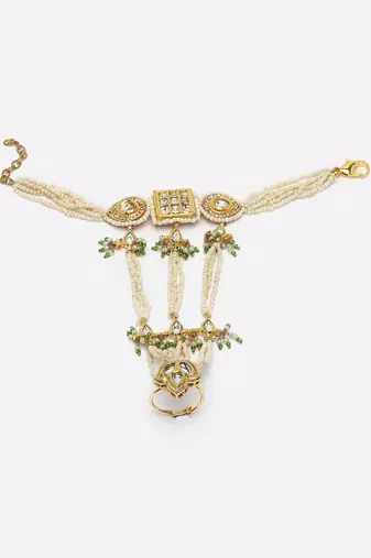 Green & gold adjustable hathphool with kundan &  american diamonds