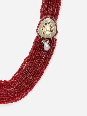 Red & gray layered necklace with kundan &  pearls 4