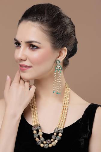Green & pink layered necklace with kundan &  american diamonds