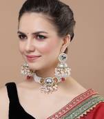 Red & white chokar necklace with kundan &  american diamonds