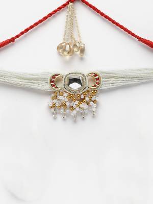 Red & white chokar necklace with kundan &  american diamonds 4