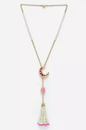 Red & pink haar necklace with pearls &  natural stones