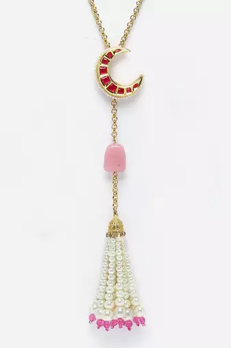 Red & pink haar necklace with pearls &  natural stones