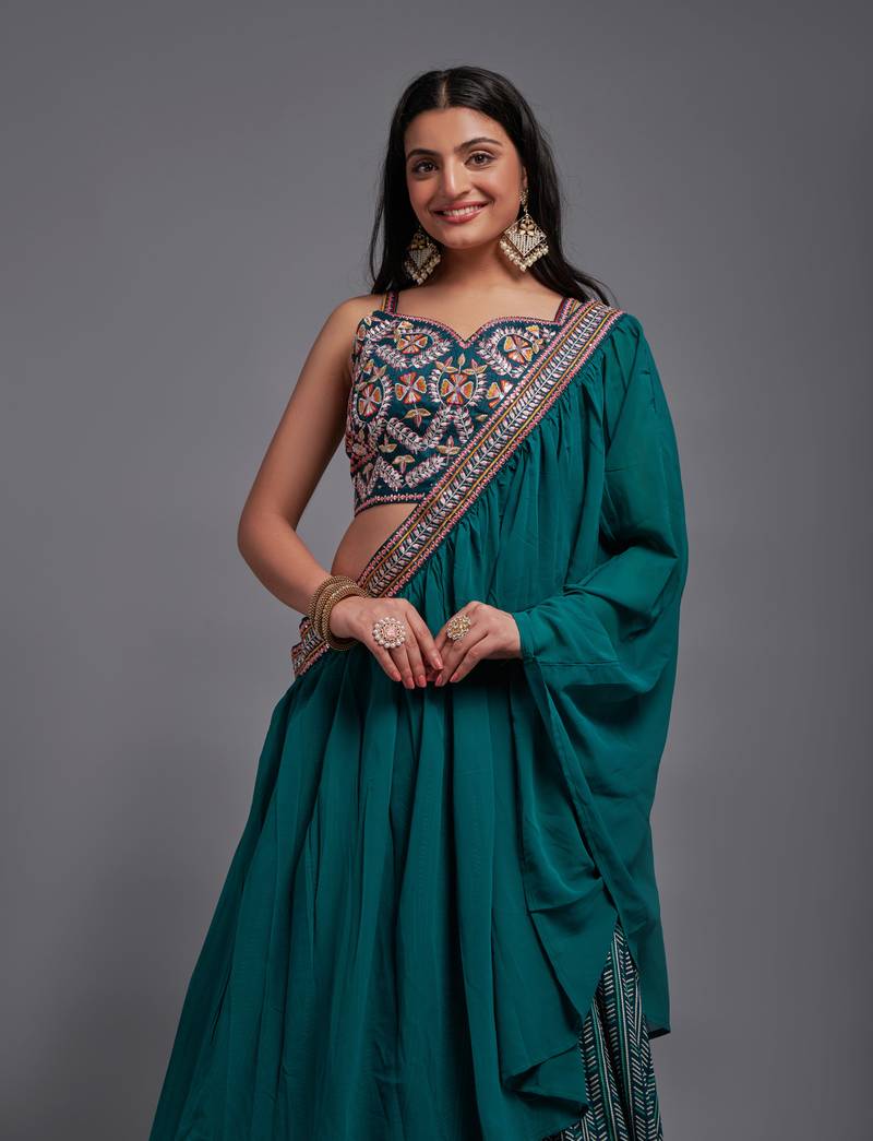 Green Sequin Embroidered Work Blouse and Viscose Fabric Batik Printed Unstitched Lahengha