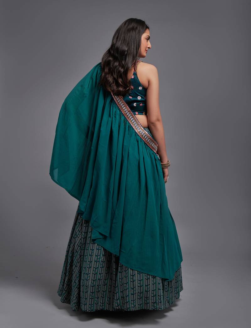 Green Sequin Embroidered Work Blouse and Viscose Fabric Batik Printed Unstitched Lahengha