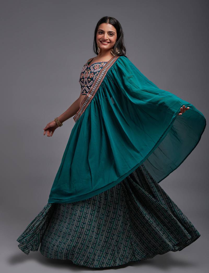 Green Sequin Embroidered Work Blouse and Viscose Fabric Batik Printed Unstitched Lahengha