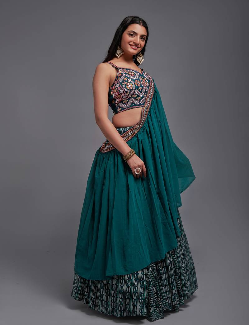 Green Sequin Embroidered Work Blouse and Viscose Fabric Batik Printed Unstitched Lahengha
