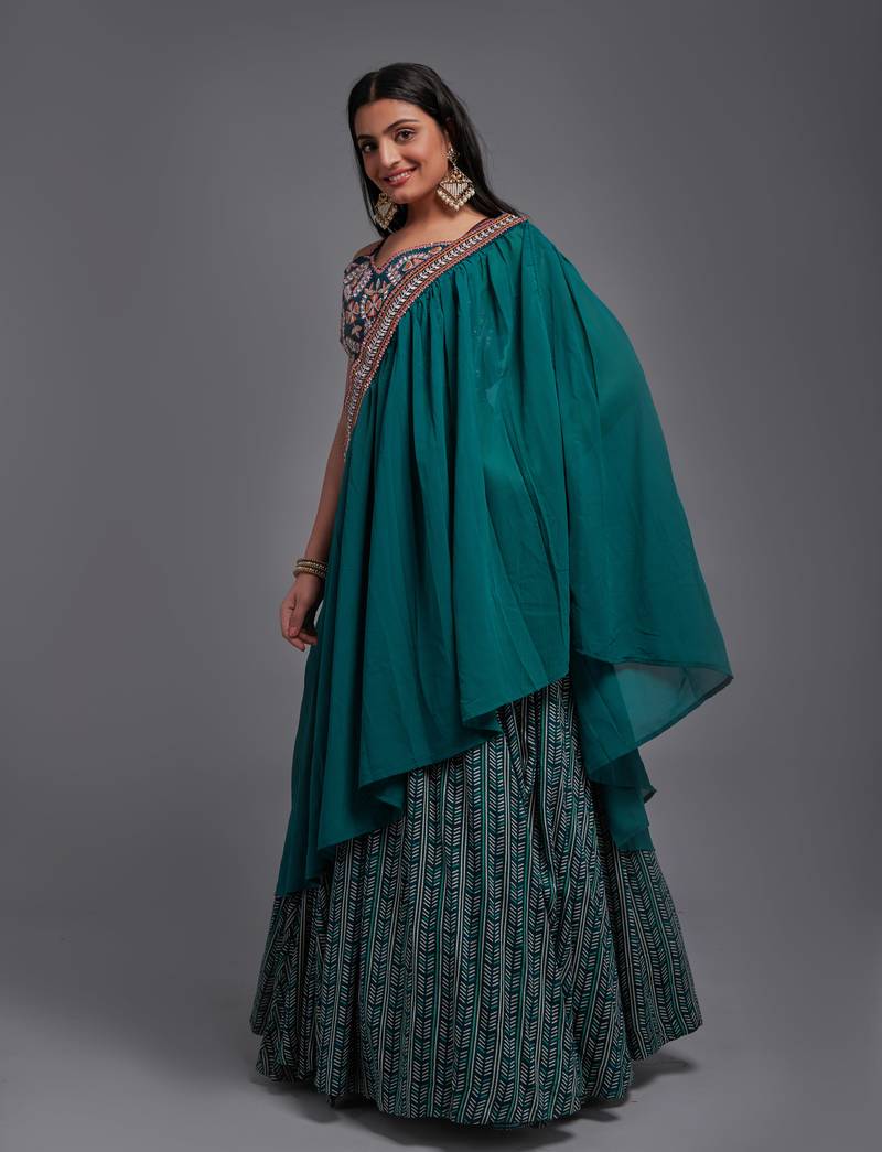 Green Sequin Embroidered Work Blouse and Viscose Fabric Batik Printed Unstitched Lahengha