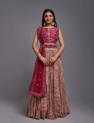 Pink Viscose Fabric Batik Printed Unstitched 8 Meter Flare Lahengha and Sequin Embroidered Work Blouse with Waist Belt 1
