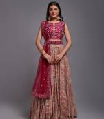 Pink Viscose Fabric Batik Printed Unstitched 8 Meter Flare Lahengha and Sequin Embroidered Work Blouse with Waist Belt