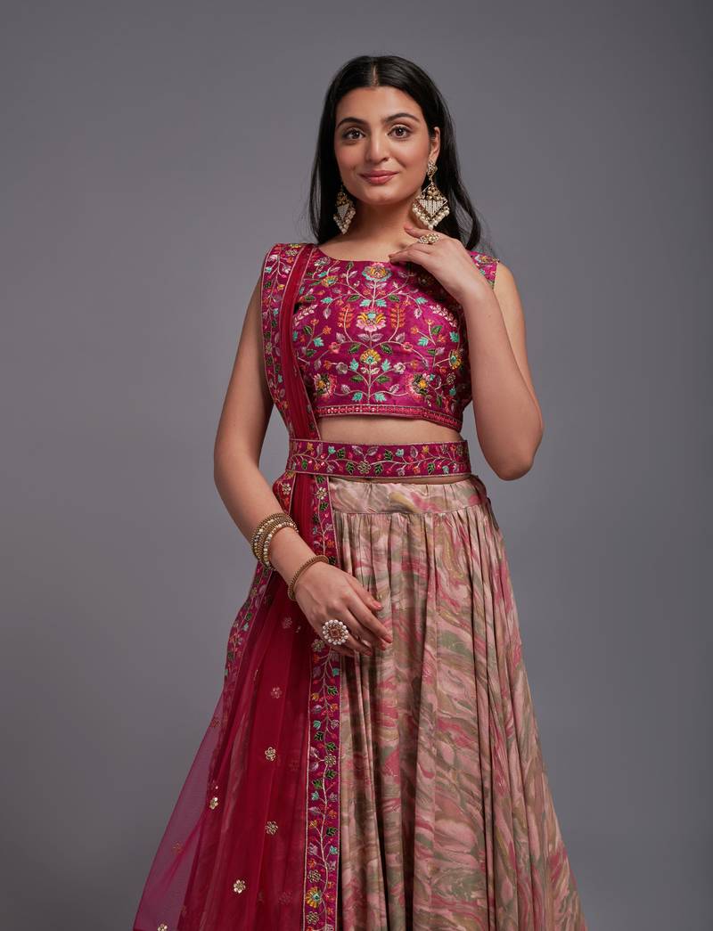 Pink Viscose Fabric Batik Printed Unstitched 8 Meter Flare Lahengha and Sequin Embroidered Work Blouse with Waist Belt