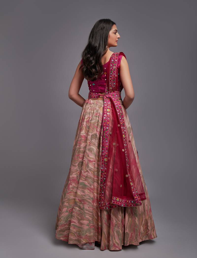 Pink Viscose Fabric Batik Printed Unstitched 8 Meter Flare Lahengha and Sequin Embroidered Work Blouse with Waist Belt