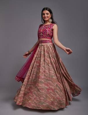 Pink Viscose Fabric Batik Printed Unstitched 8 Meter Flare Lahengha and Sequin Embroidered Work Blouse with Waist Belt 4