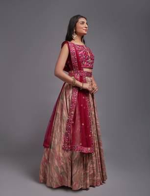 Pink Viscose Fabric Batik Printed Unstitched 8 Meter Flare Lahengha and Sequin Embroidered Work Blouse with Waist Belt 5