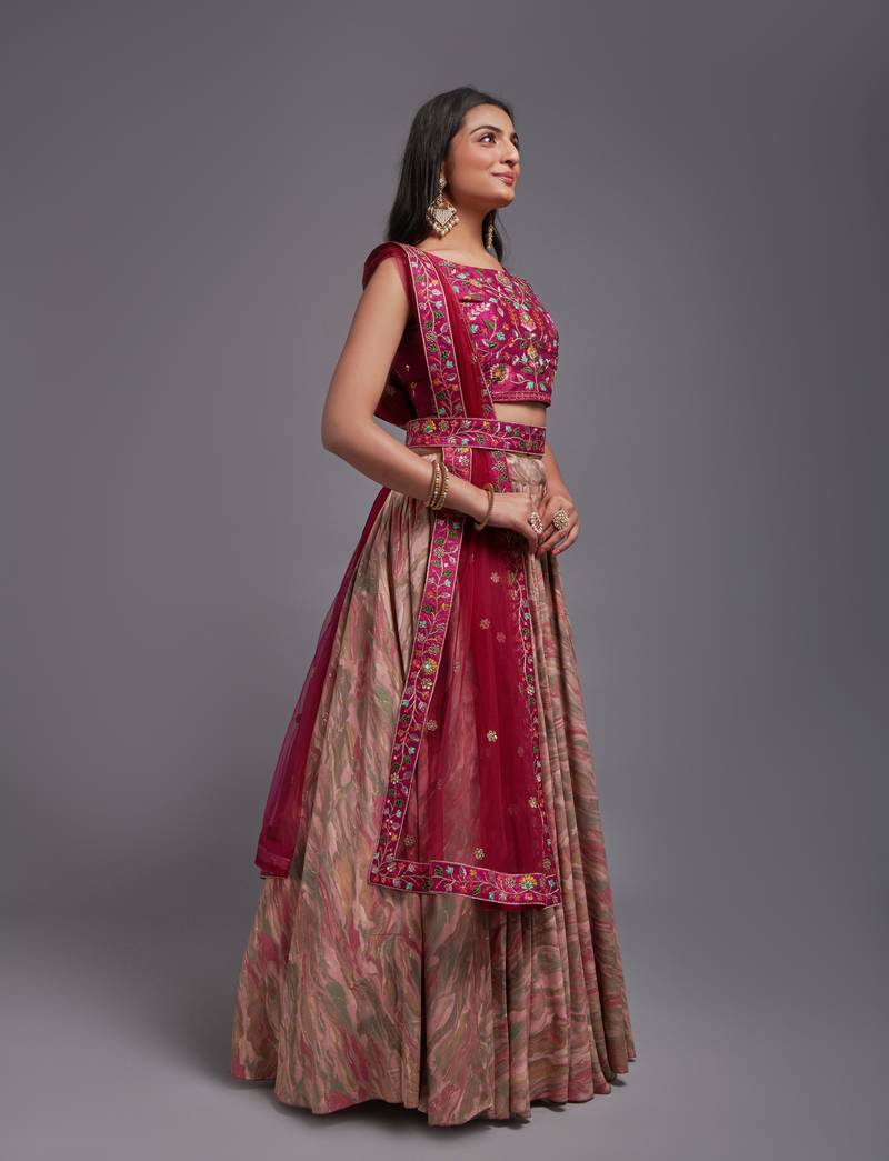 Pink Viscose Fabric Batik Printed Unstitched 8 Meter Flare Lahengha and Sequin Embroidered Work Blouse with Waist Belt