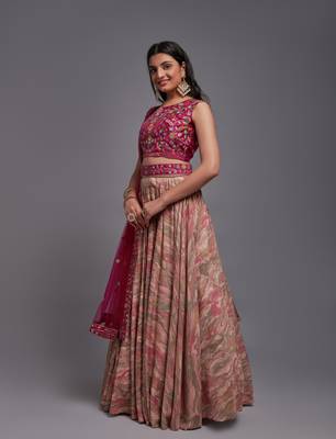 Pink Viscose Fabric Batik Printed Unstitched 8 Meter Flare Lahengha and Sequin Embroidered Work Blouse with Waist Belt 6