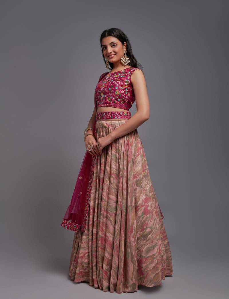 Pink Viscose Fabric Batik Printed Unstitched 8 Meter Flare Lahengha and Sequin Embroidered Work Blouse with Waist Belt