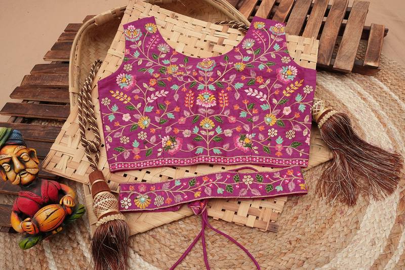 Pink Viscose Fabric Batik Printed Unstitched 8 Meter Flare Lahengha and Sequin Embroidered Work Blouse with Waist Belt