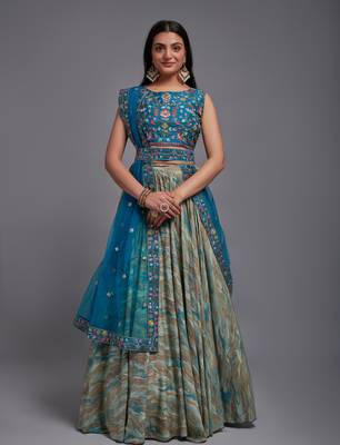 Teal Viscose Fabric Batik Printed Unstitched 8 Meter Flare Lahengha and Sequin Embroidered Work Blouse with Waist Belt 1