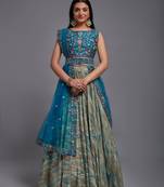 Teal Viscose Fabric Batik Printed Unstitched 8 Meter Flare Lahengha and Sequin Embroidered Work Blouse with Waist Belt
