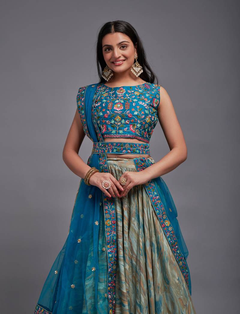Teal Viscose Fabric Batik Printed Unstitched 8 Meter Flare Lahengha and Sequin Embroidered Work Blouse with Waist Belt