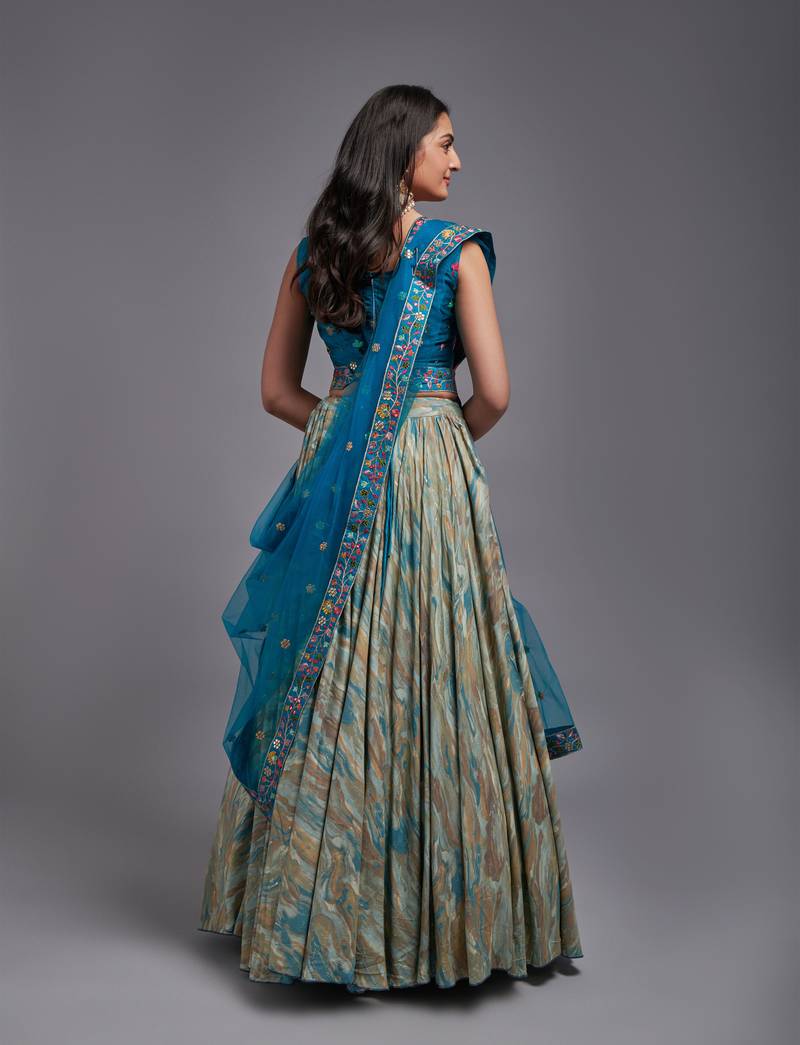 Teal Viscose Fabric Batik Printed Unstitched 8 Meter Flare Lahengha and Sequin Embroidered Work Blouse with Waist Belt