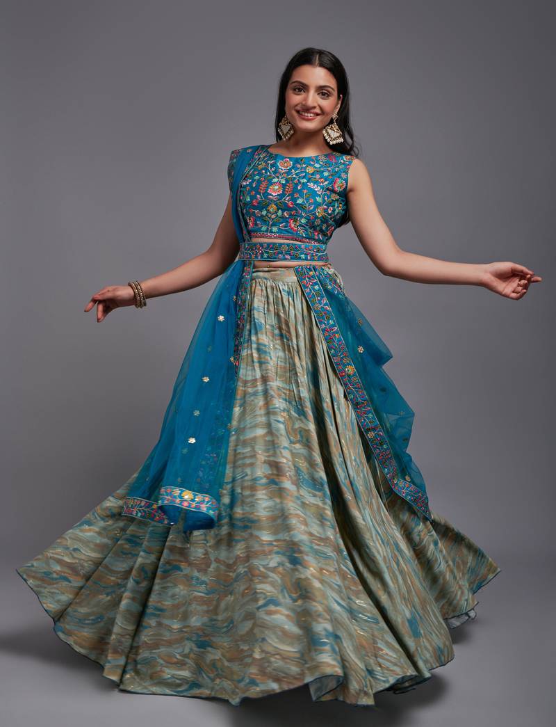 Teal Viscose Fabric Batik Printed Unstitched 8 Meter Flare Lahengha and Sequin Embroidered Work Blouse with Waist Belt