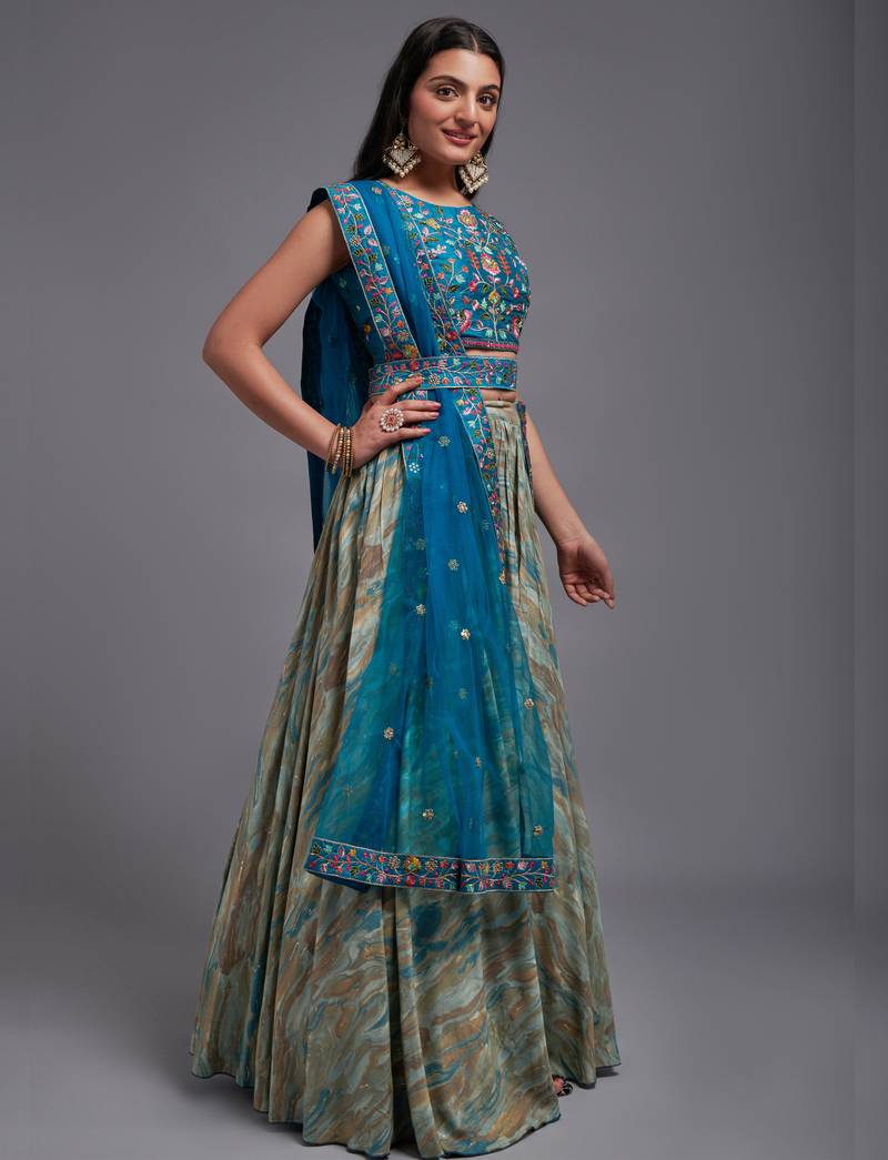 Teal Viscose Fabric Batik Printed Unstitched 8 Meter Flare Lahengha and Sequin Embroidered Work Blouse with Waist Belt