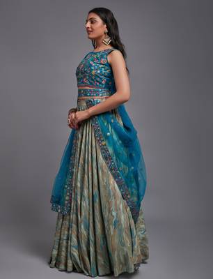 Teal Viscose Fabric Batik Printed Unstitched 8 Meter Flare Lahengha and Sequin Embroidered Work Blouse with Waist Belt 6