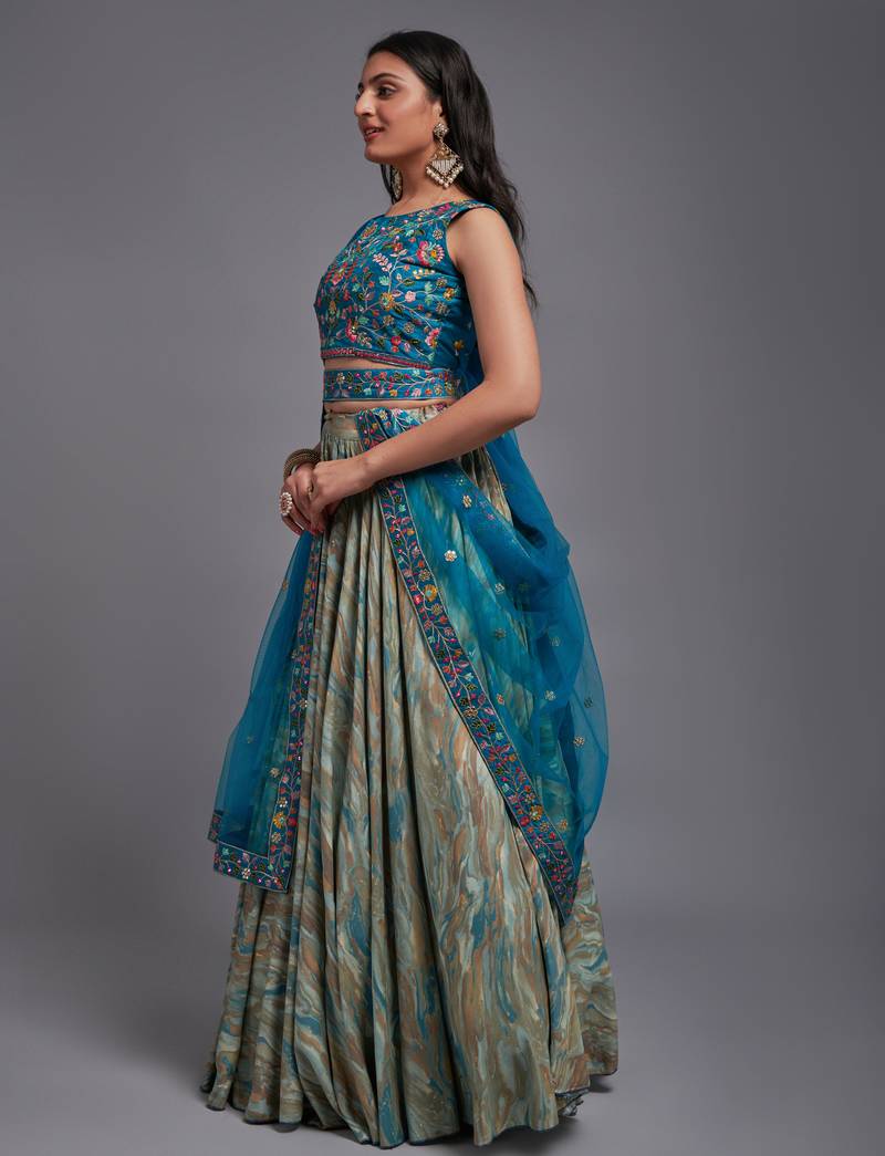 Teal Viscose Fabric Batik Printed Unstitched 8 Meter Flare Lahengha and Sequin Embroidered Work Blouse with Waist Belt