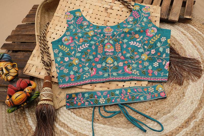 Teal Viscose Fabric Batik Printed Unstitched 8 Meter Flare Lahengha and Sequin Embroidered Work Blouse with Waist Belt
