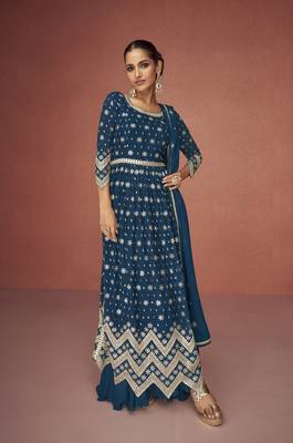 Dark teal embroidered faux georgette salwar suit 1