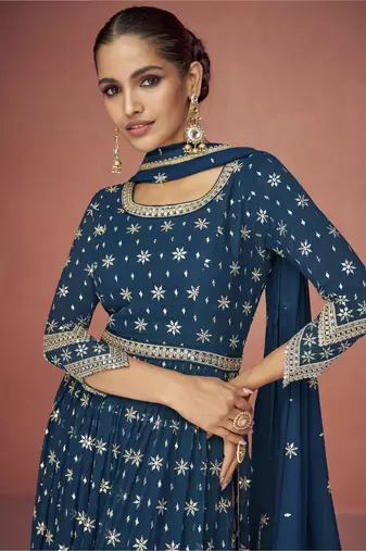 Dark teal embroidered faux georgette salwar suit