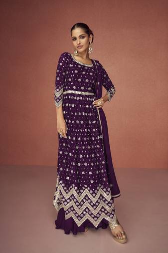 Purple color embroideried faux georgette semi stitched salwar suit
